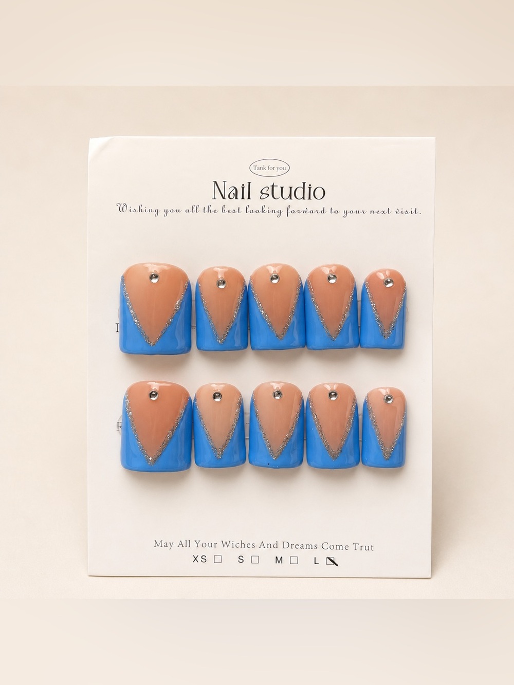 NEW Glossy Blue/Nude Baby Duck Press On Nails | Glitter V French Tips | Large